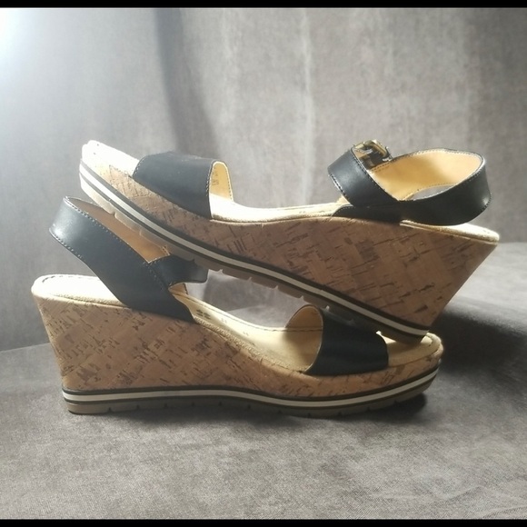 Naturalizer Shoes - Naturalizer Norton Black Faux Leather Wedge Brass Buckle Sandals